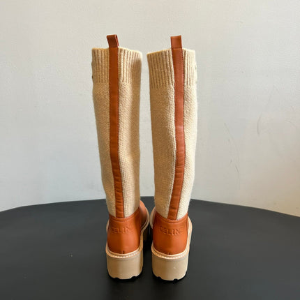 CELINE 26S HIGH-TOP BOOTS 60 MM IN ORANGE BROWN CALFSKIN AND BEIGE WOOL