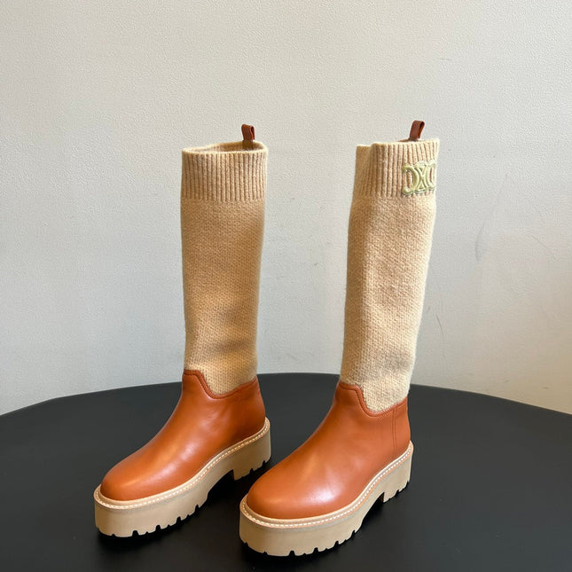 CELINE 26S HIGH-TOP BOOTS 60 MM IN ORANGE BROWN CALFSKIN AND BEIGE WOOL
