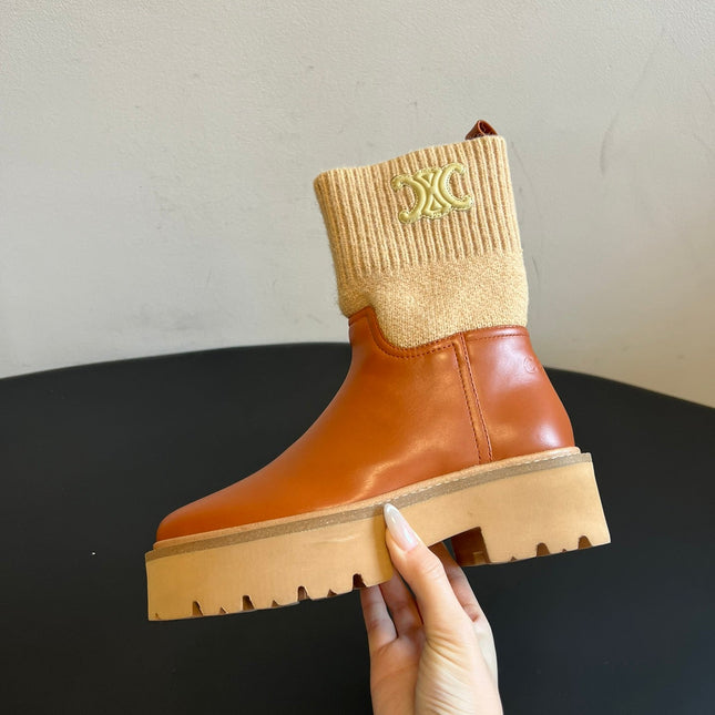CELINE 26S ANKLE BOOTS 60 MM IN ORANGE BROWN CALFSKIN AND BEIGE WOOL