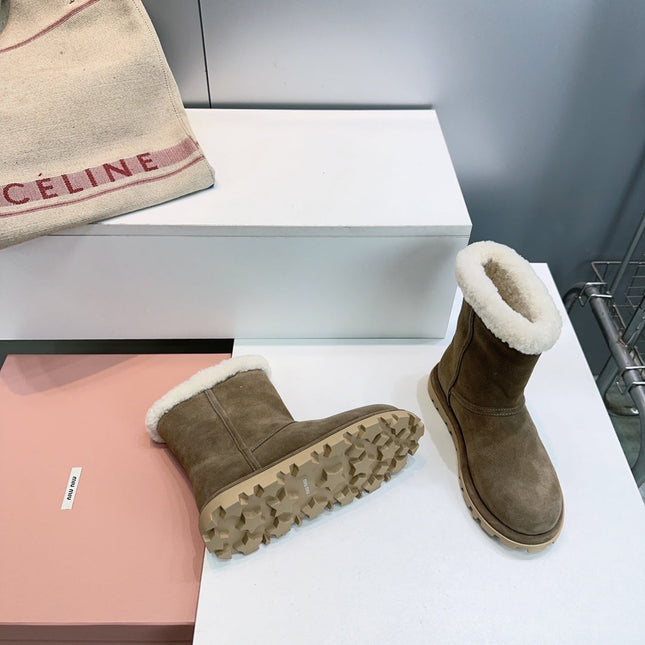 MIUMIU 25S BOOTIES IN DARK BROWN SUEDE AND SHEARLING
