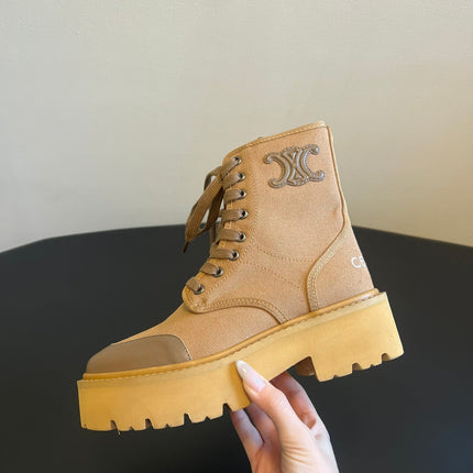 CELINE 26S BULKY LACE-UP BOOTS 45 MM IN SAND BEIGE CANVAS AND CALFSKIN