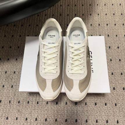 CELINE 26S RACER SNEAKERS IN WHITE SUEDE AND BEIGE GRAY FABRIC