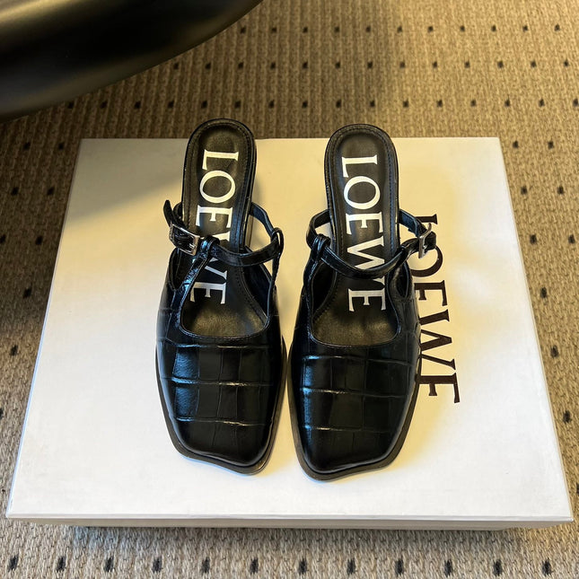 LOEWE 26S ONDA MULE 45MM IN BLACK EMBOSSED CROCODILE CALFSKIN