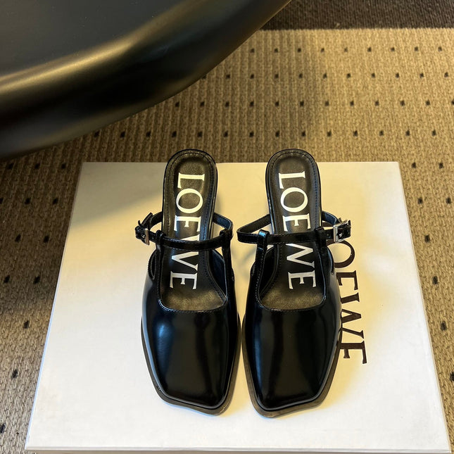 LOEWE 26S ONDA MULE 45MM IN BLACK GLOSSY CALFSKIN
