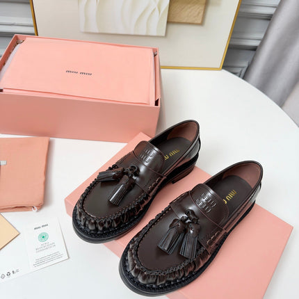 MIUMIU 26S TASSEL LOAFERS IN DARK BROWN CALFSKIN