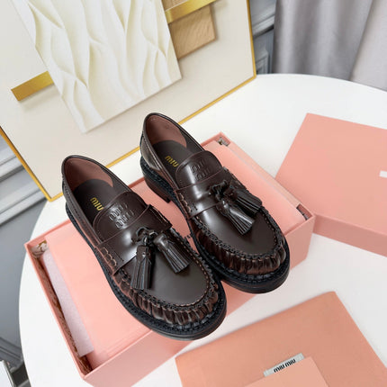 MIUMIU 26S TASSEL LOAFERS IN DARK BROWN CALFSKIN