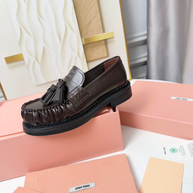 MIUMIU 26S TASSEL LOAFERS IN DARK BROWN CALFSKIN