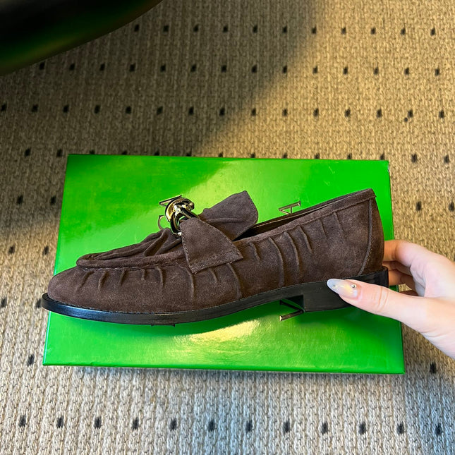 BOTTEGA VENETA 26S LOAFERS IN DARK BROWN SUEDE WITH GOLD HARDWARE