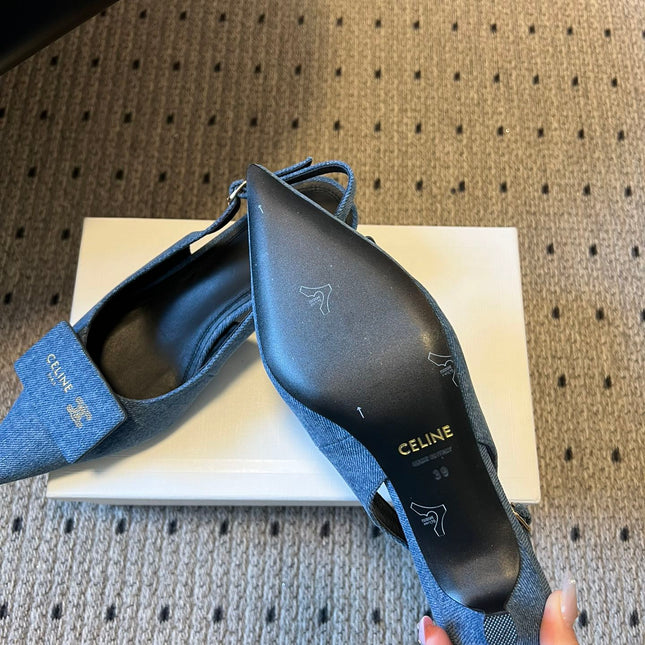 CELINE 26S HIGH-HEEL SLINGBACK 55 MM IN BLUE DENIM