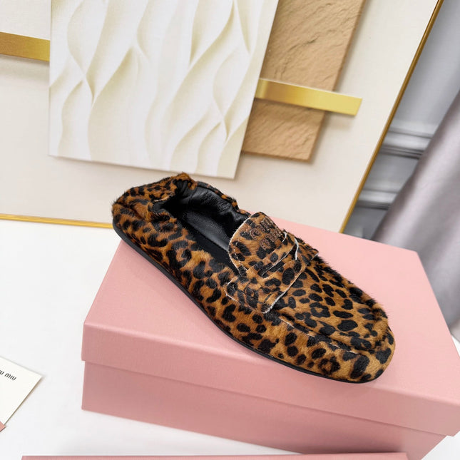 MIUMIU 26S RUCHES LOAFERS IN LEOPARD PRINT PONY HAIR