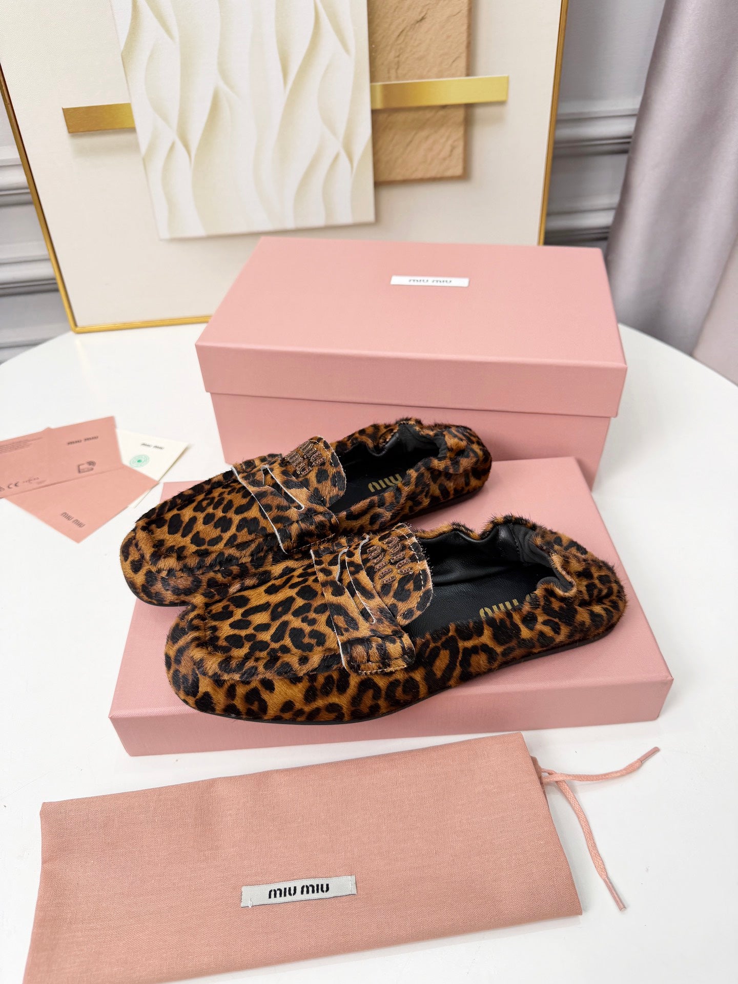 MIUMIU 26S RUCHES LOAFERS IN LEOPARD PRINT PONY HAIR