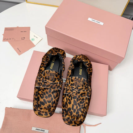 MIUMIU 26S RUCHES LOAFERS IN LEOPARD PRINT PONY HAIR