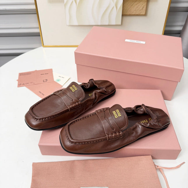 MIUMIU 26S RUCHES LOAFERS IN DARK BROWN LAMBSKIN