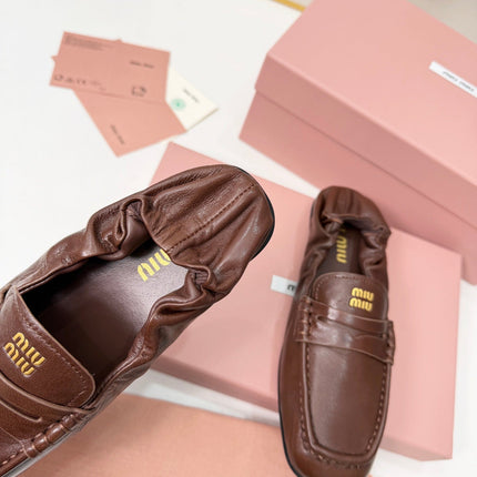 MIUMIU 26S RUCHES LOAFERS IN DARK BROWN LAMBSKIN