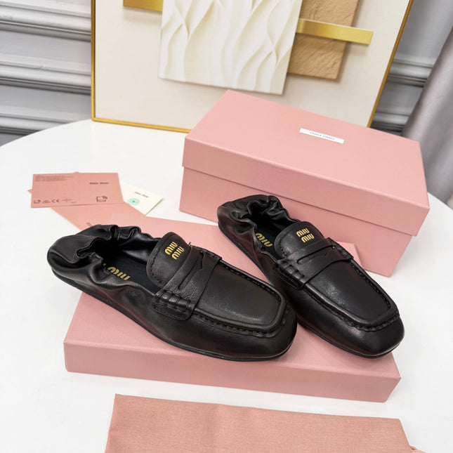 MIUMIU 26S RUCHES LOAFERS IN BLACK LAMBSKIN