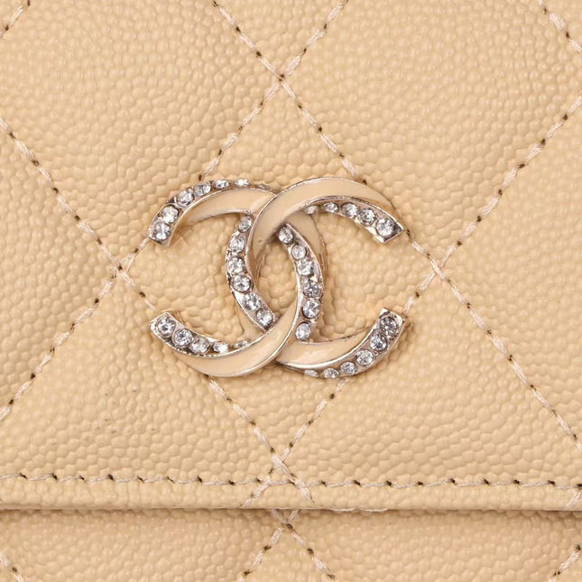 CHANEL FLAP CARD HOLDER IN BEIGE CAVIAR CALFSKIN WITH CRYSTAL EMBOSSED LOGO