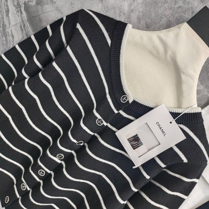 CC NAUTICAL CARDIGAN IN BLACK AND WHITE COTTON KNIT WITH STRIPED DESIGN WITH CC BUTTONS