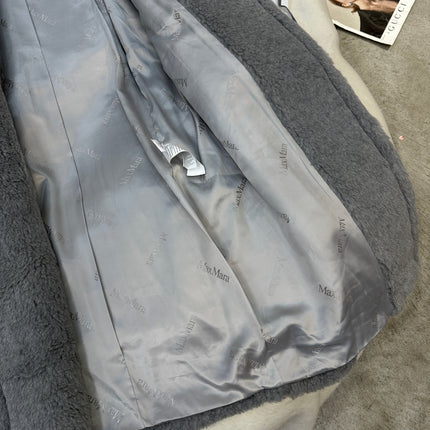 MAX MARA LONG COAT IN LIGHT GREY WOOL WITH CRYSTAL CHARM