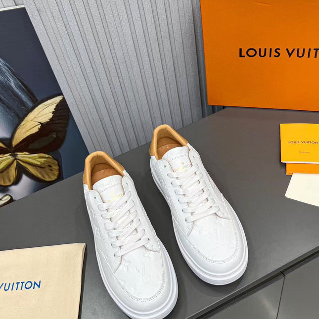 LV BEVERLY SNEAKER IN WHITE CALFSKIN EMBOSSED LOGO