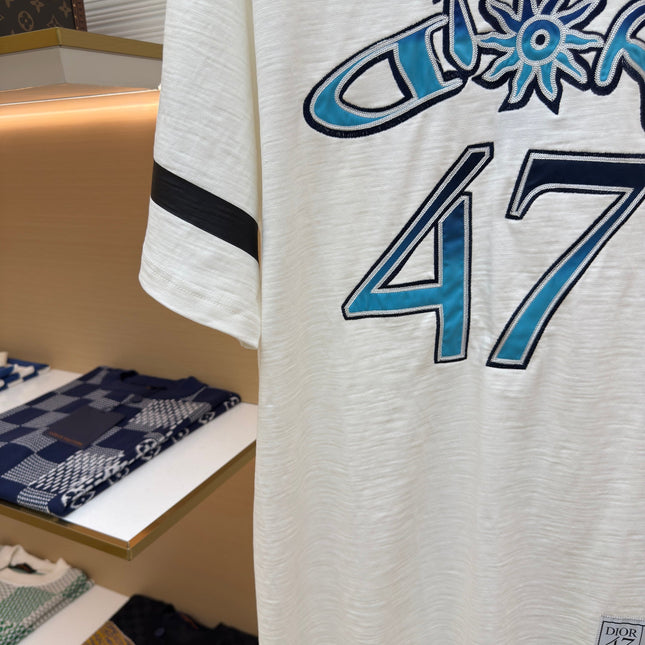 DIOR LEWIS HAMILTON T-SHIRT IN WHITE AND BLUE GRAPHIC LOGO