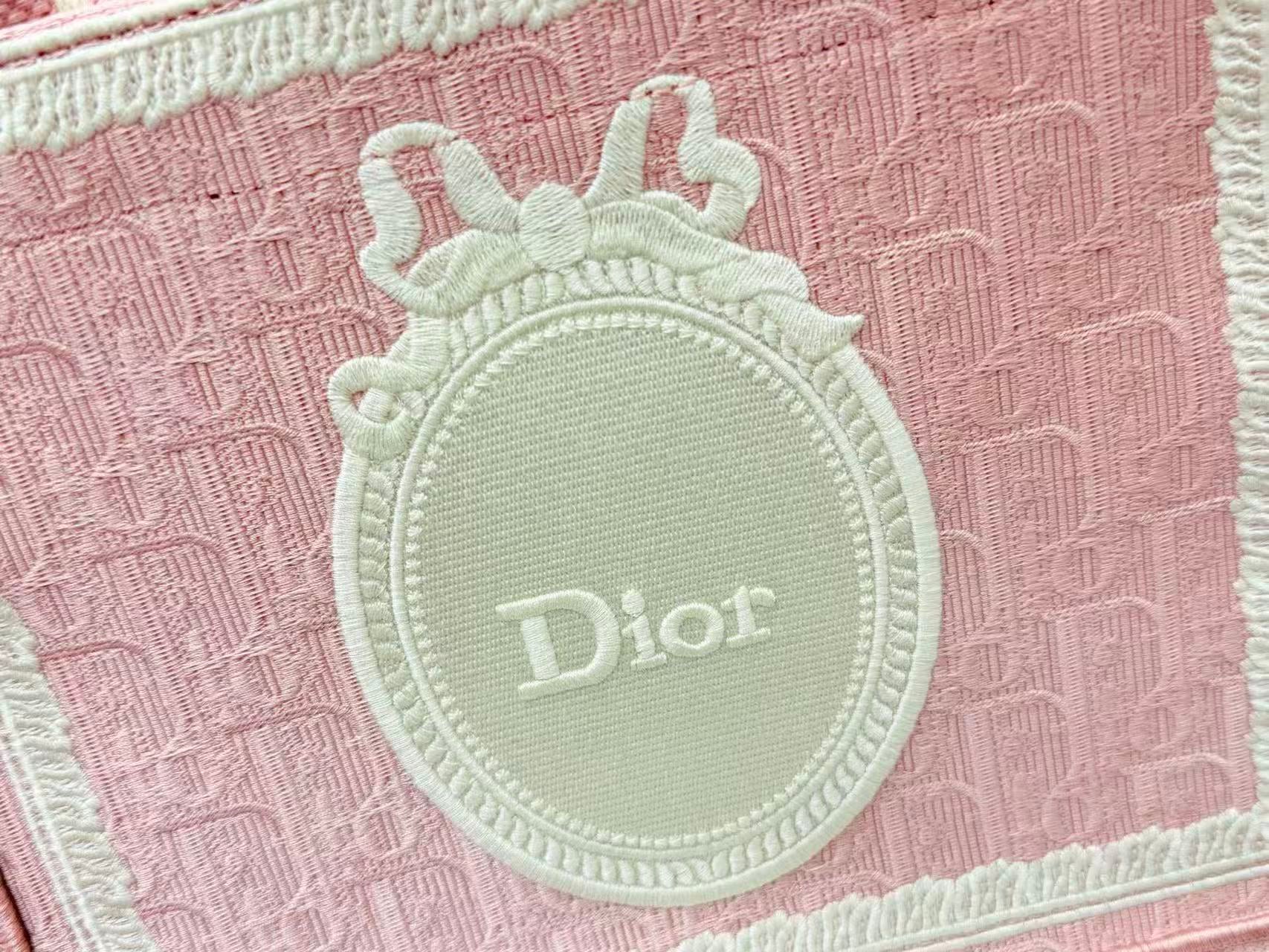 DIOR BOOK TOTE BAG 36 IN PINK COLORWAY WITH AN OVAL EMBROIDERED LOGO EMBLEM