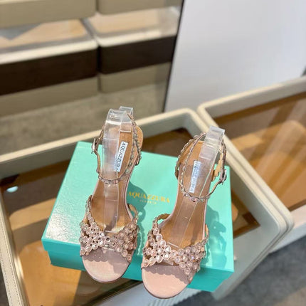 AQUAZZURA 26S CRYSTAL STRAPPY SANDALS IN BLUSH PINK SATIN