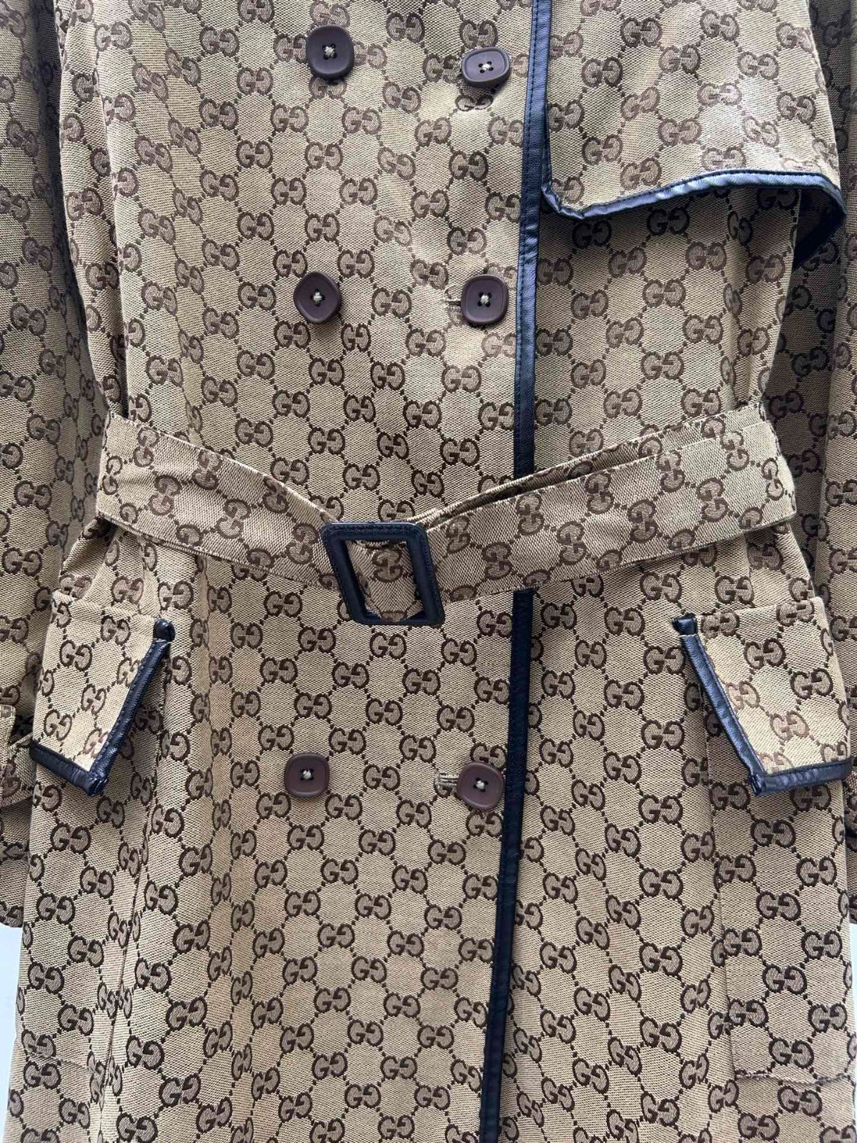 GG-JACQUARD COTTON-BLEND CANVAS TRENCH COAT WITH LEATHER TRIM