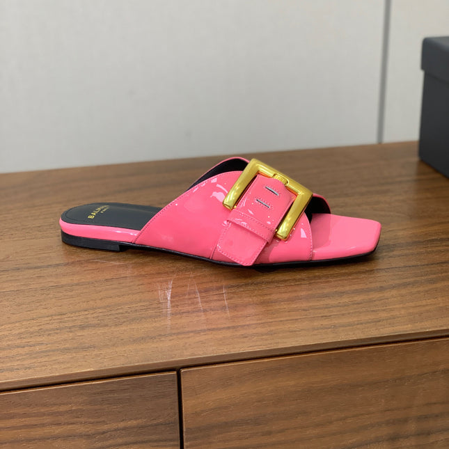 BALMAIN 26S B-BELT FLAT SANDALS IN PINK CALFSKIN