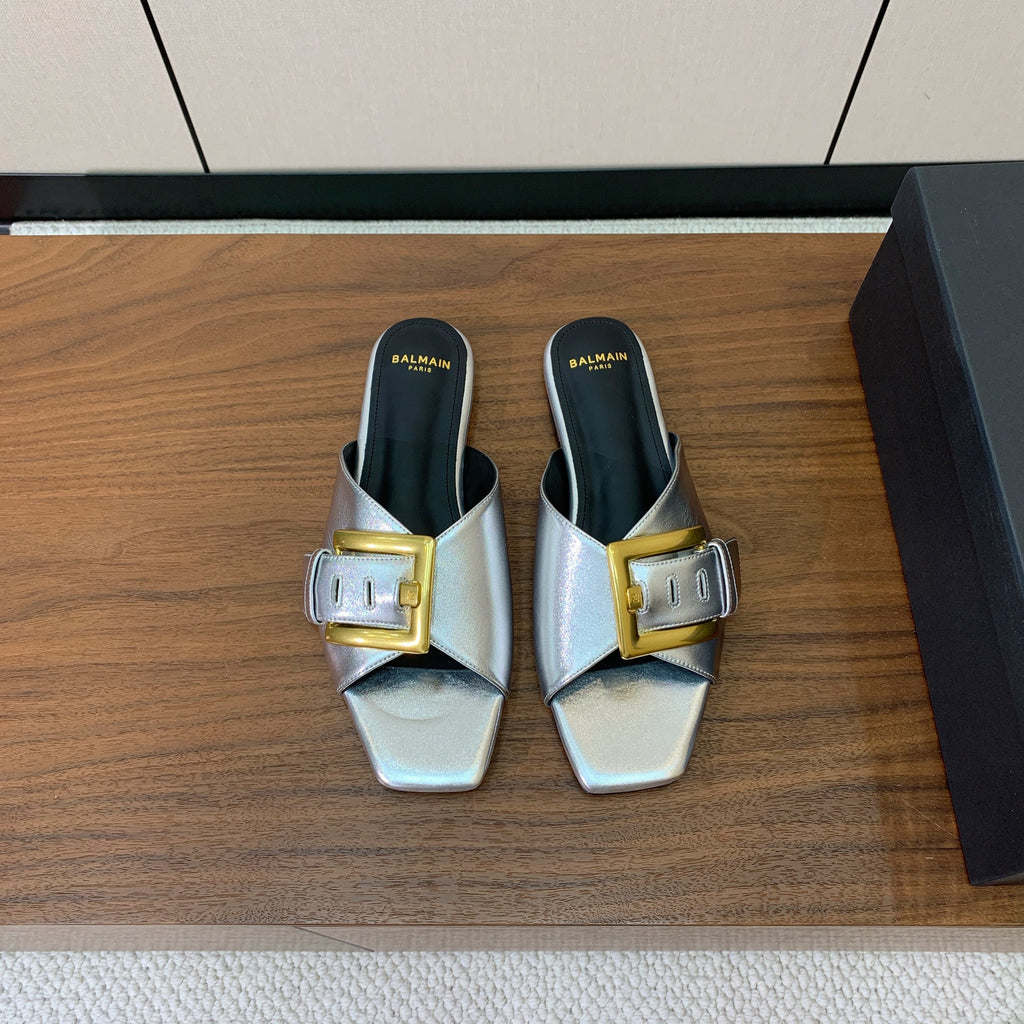 BALMAIN 26S B-BELT FLAT SANDALS IN METALLIC SILVER CALFSKIN