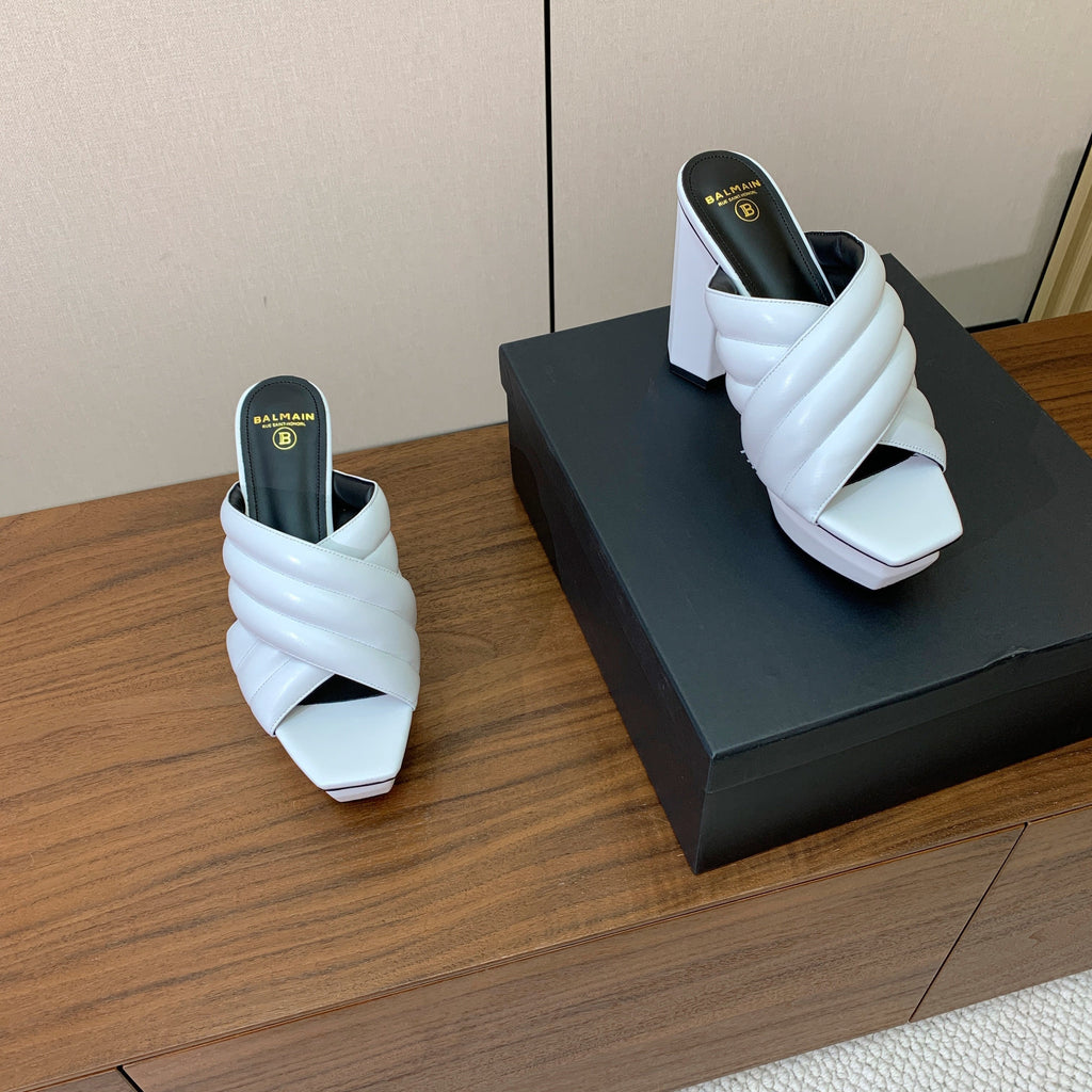 BALMAIN 26S QUILTED PLATFORM MULES 105 MM IN WHITE CALFSKIN