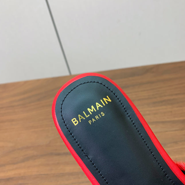 BALMAIN 26S B-BELT FLAT SANDALS IN RED CALFSKIN AND PONY HAIR