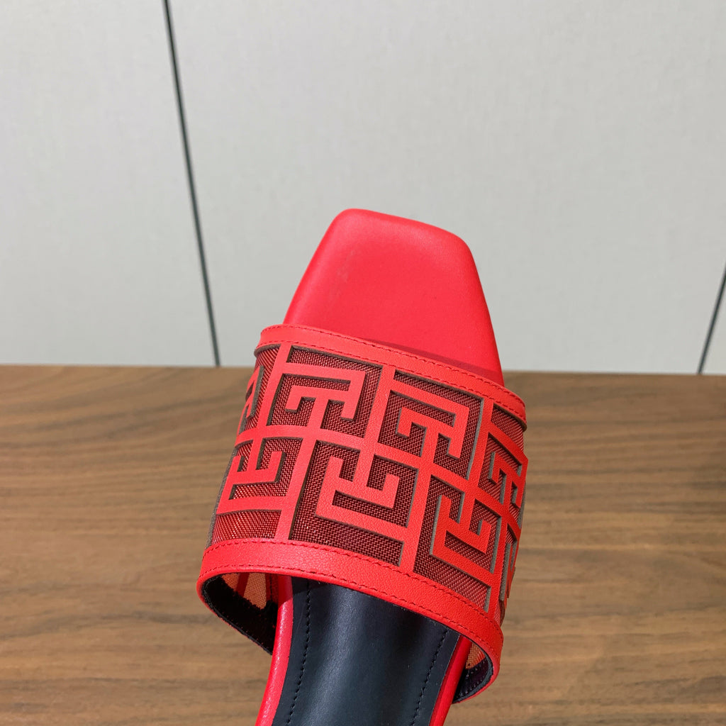 BALMAIN 26S FLAT SANDALS IN RED CALFSKIN AND MESH