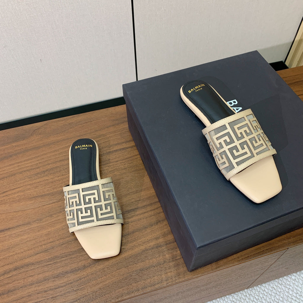 BALMAIN 26S FLAT SANDALS IN BEIGE CALFSKIN AND MESH