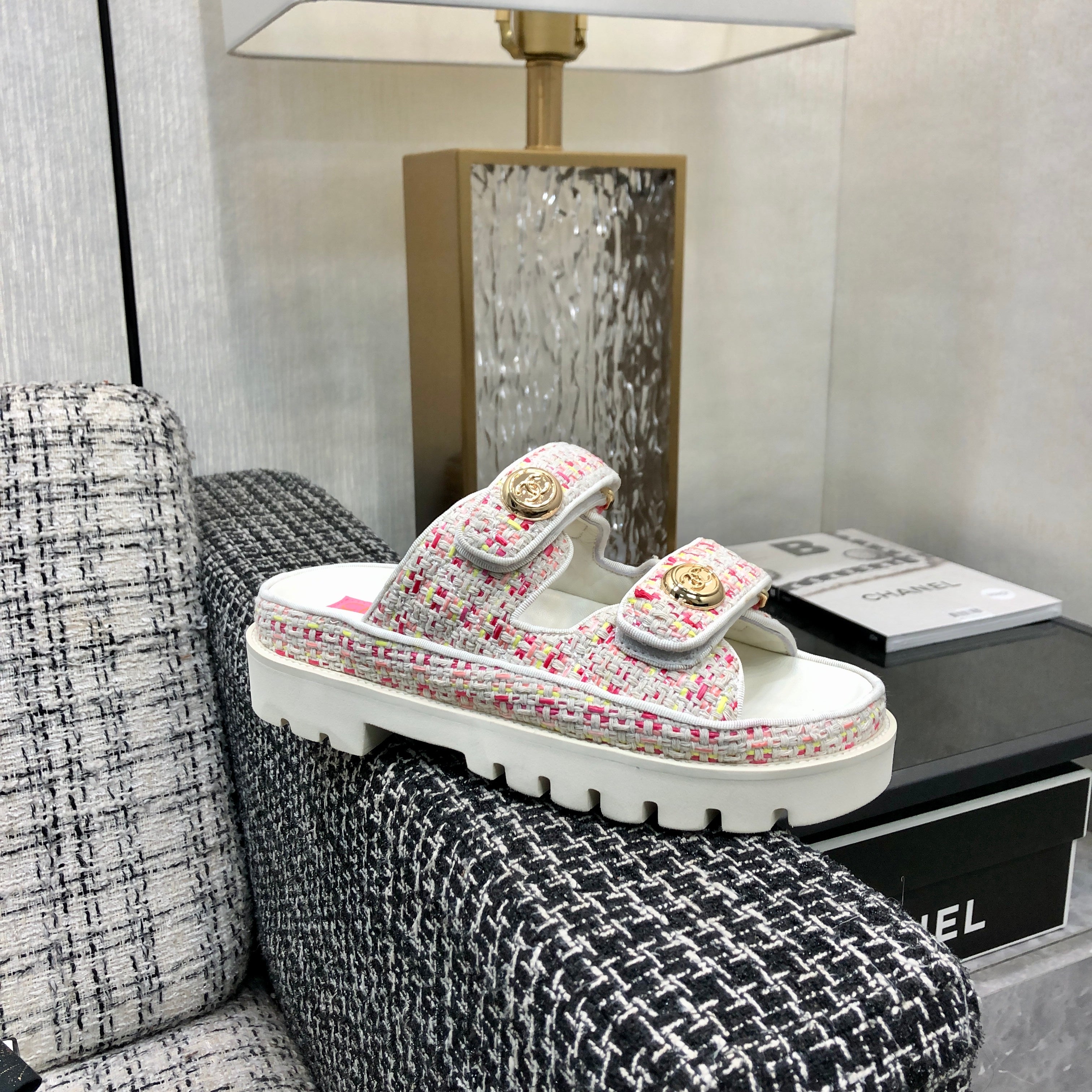 DAD SANDAL MULE IN WHITE MIX BRIGHT PINK TWEED FABRIC