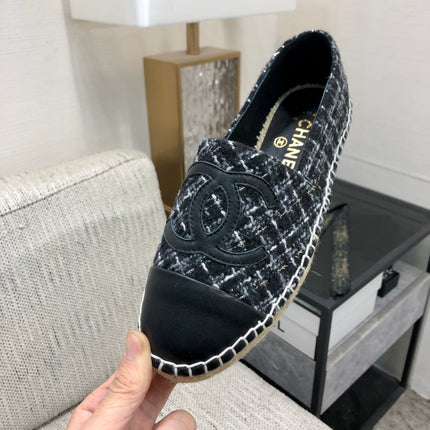 ESPADRILLE BLACK MIX WHITE TWEED FABRIC AND CALFSKIN FLATS