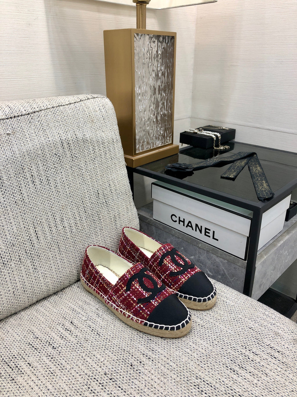 ESPADRILLE BLACK MIX CRIMSON RED TWEED FABRIC FLATS
