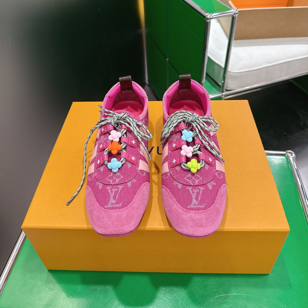 LV 26S SNEAKERS IN DARK PINK DENIM AND SUEDE WITH FLOWER CHARM
