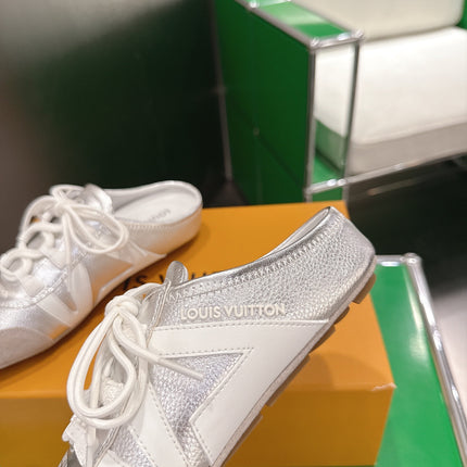 LV 26S MULE SNEAKERS IN SILVER LAMBSKIN AND BEIGE SUEDE