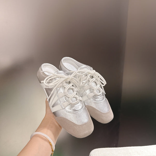 LV 26S MULE SNEAKERS IN SILVER LAMBSKIN AND BEIGE SUEDE