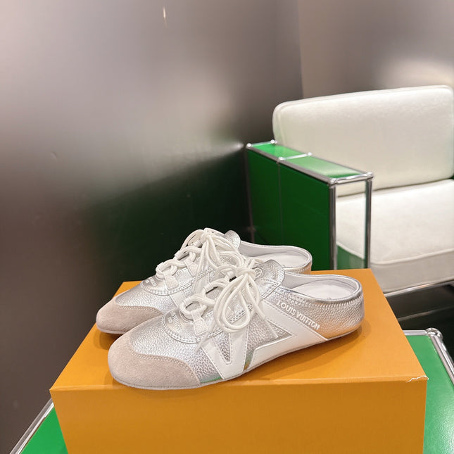 LV 26S MULE SNEAKERS IN SILVER LAMBSKIN AND BEIGE SUEDE