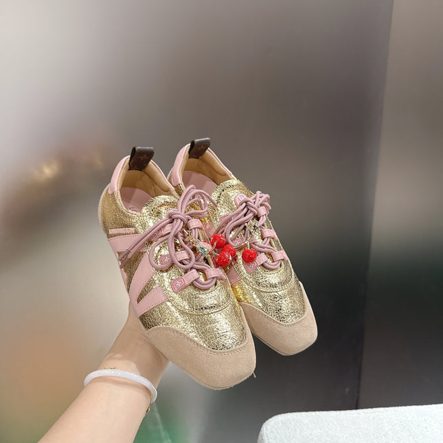 LV 26S SNEAKERS IN LIGHT PINK SUEDE AND GOLD LAMBSKIN WITH CHERRY CHARM