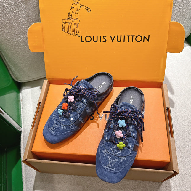 LV 26S MULE SNEAKERS IN BLUE DENIM AND SUEDE WITH FLOWER CHARM