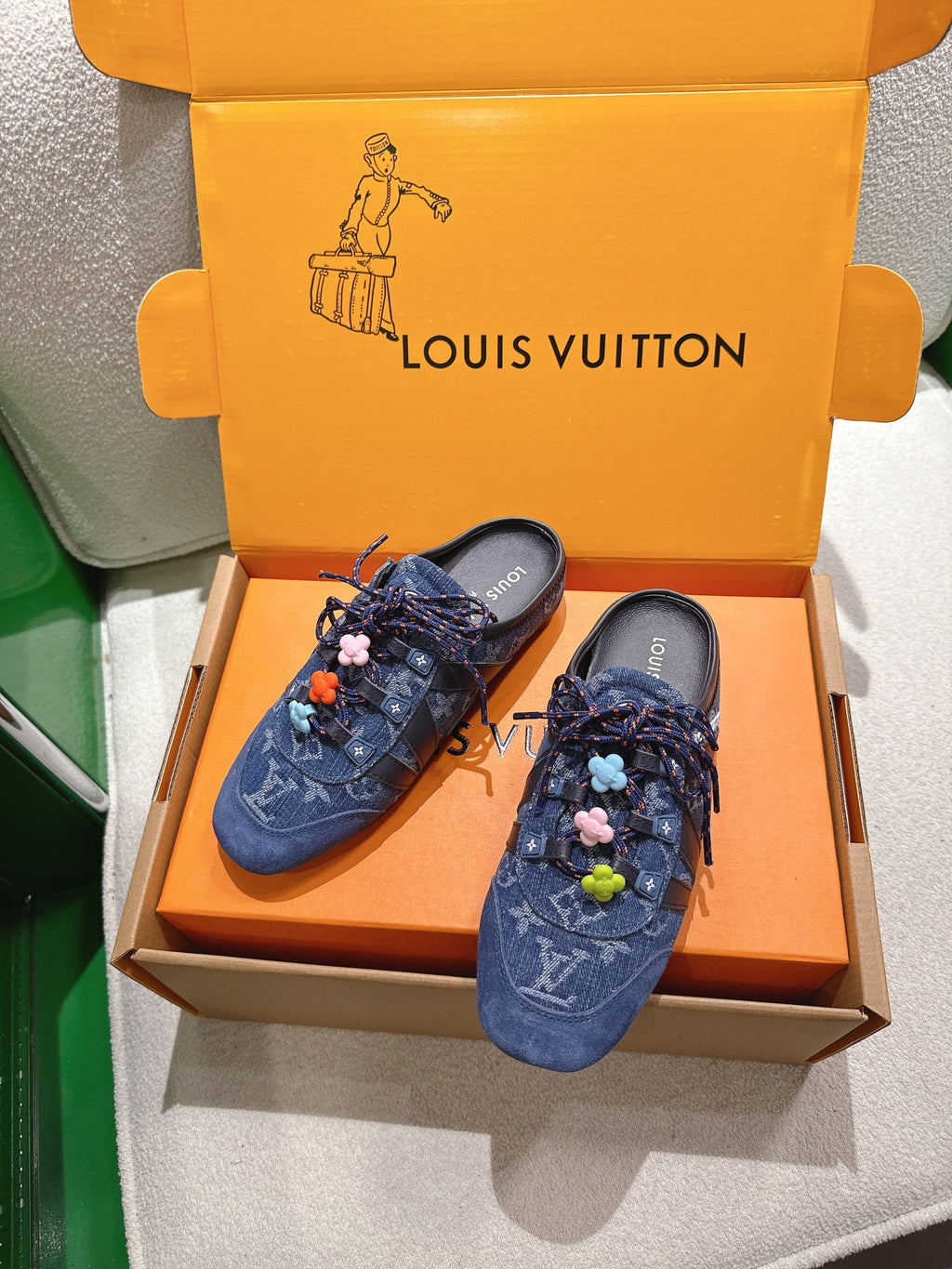 LV 26S MULE SNEAKERS IN BLUE DENIM AND SUEDE WITH FLOWER CHARM