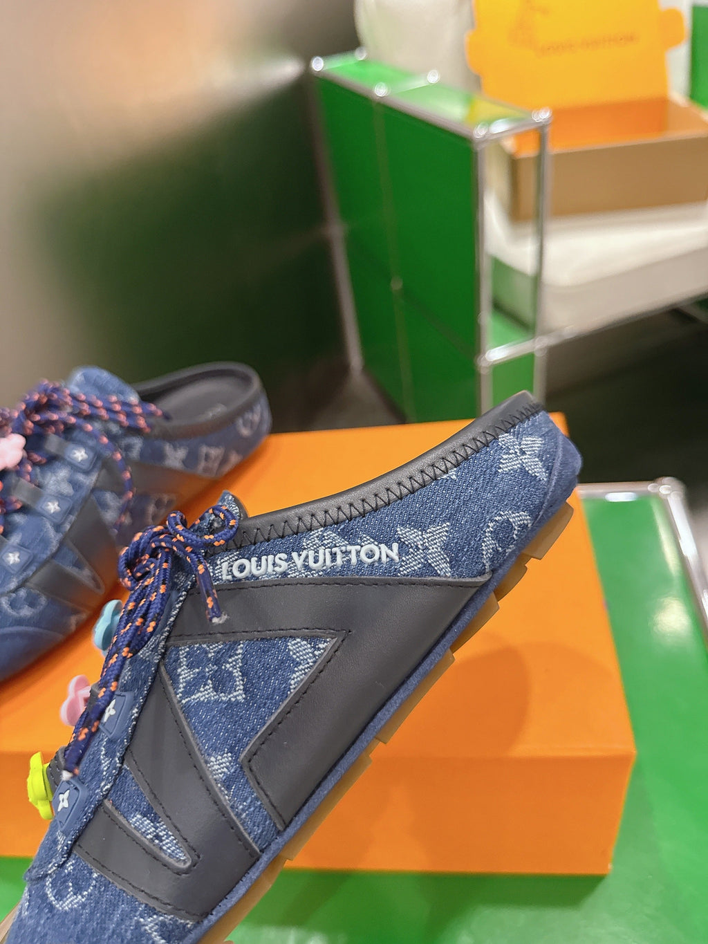 LV 26S MULE SNEAKERS IN BLUE DENIM AND SUEDE WITH FLOWER CHARM