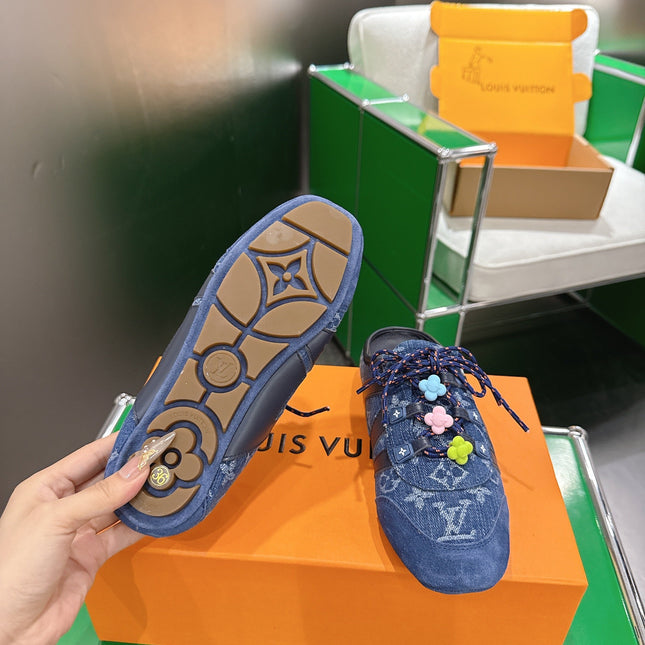 LV 26S MULE SNEAKERS IN BLUE DENIM AND SUEDE WITH FLOWER CHARM