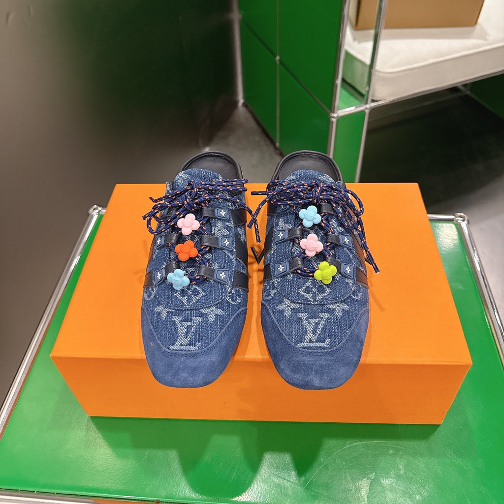 LV 26S MULE SNEAKERS IN BLUE DENIM AND SUEDE WITH FLOWER CHARM