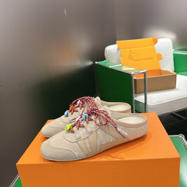 LV 26S MULE SNEAKERS IN BEIGE DENIM AND SUEDE WITH FLOWER CHARM