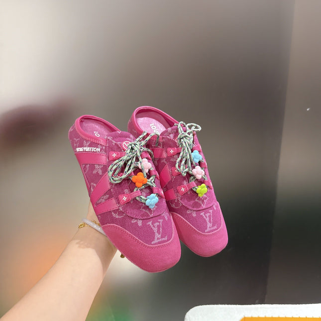 LV 26S MULE SNEAKERS IN DARK PINK DENIM AND SUEDE WITH FLOWER CHARM