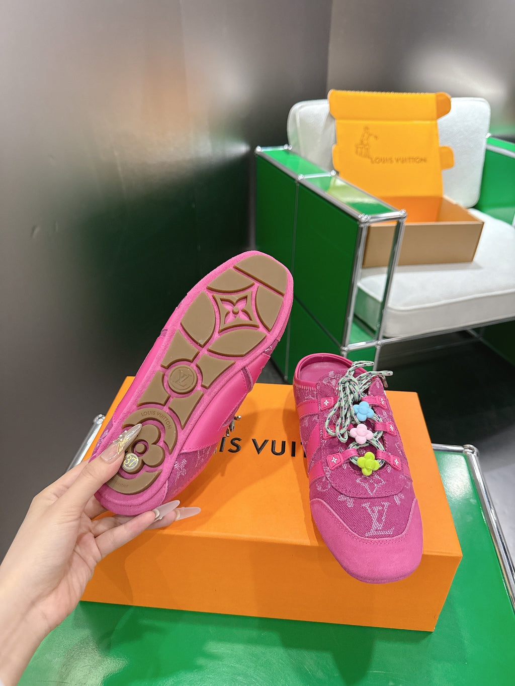 LV 26S MULE SNEAKERS IN DARK PINK DENIM AND SUEDE WITH FLOWER CHARM