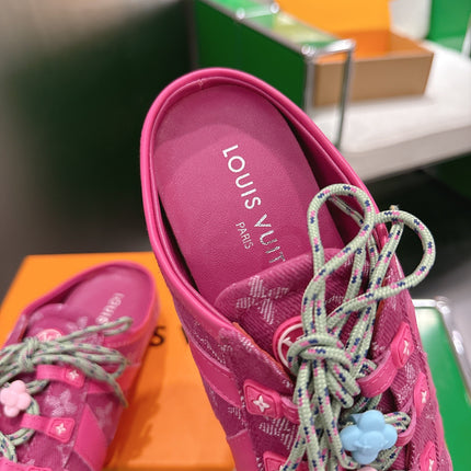 LV 26S MULE SNEAKERS IN DARK PINK DENIM AND SUEDE WITH FLOWER CHARM